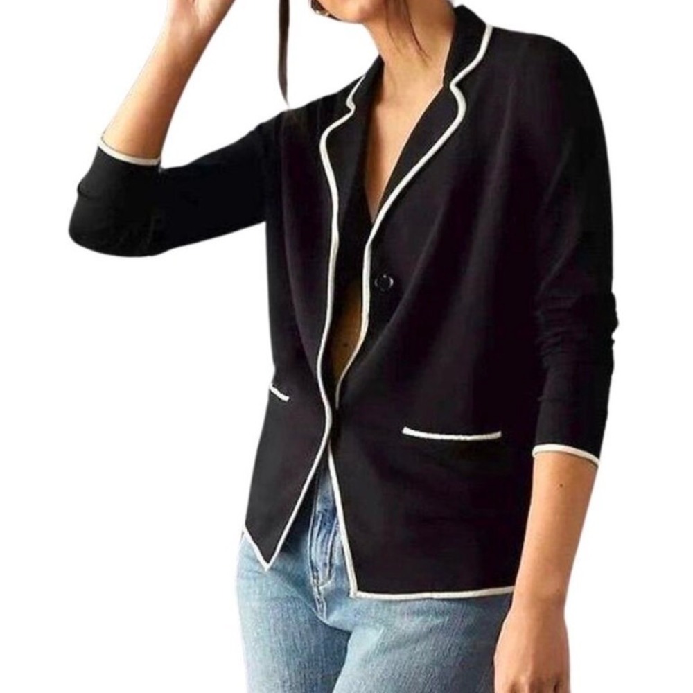 KULE Womens Black Knit Blazer White Piping Two Button Jersey Jacket Small
